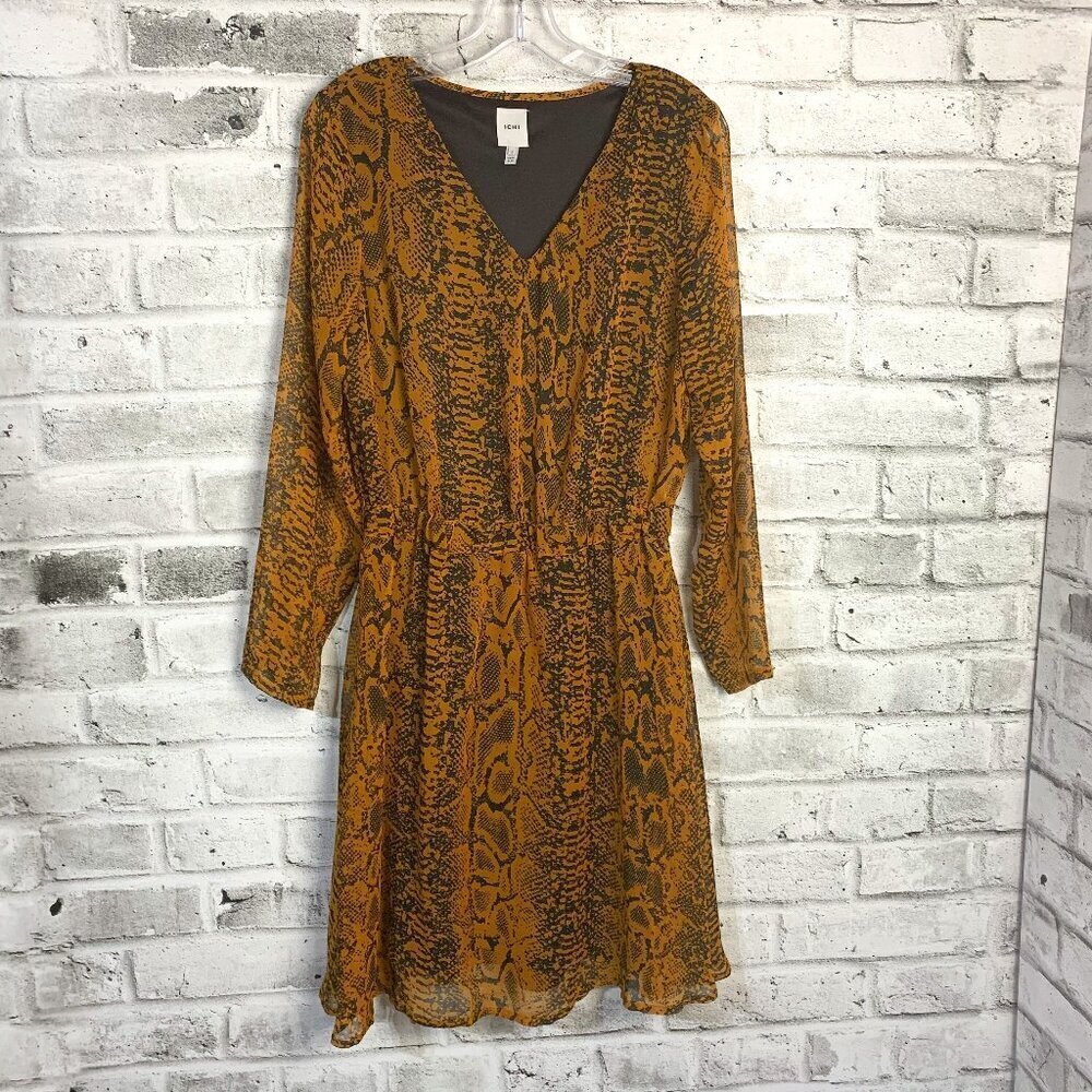 Ichi Day Dress Snakeskin Print Flowy Sheer Chiffon V-Neck Long Sleeve - Picture 1 of 12